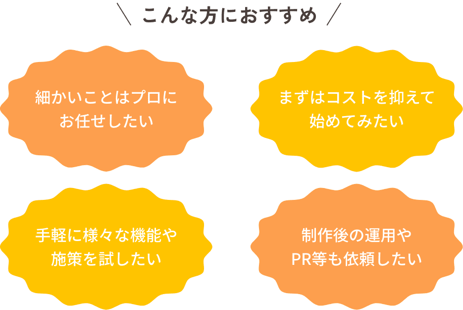 細かいことはプロにお任せしたい まずはコストを抑えて始めてみたい 手軽に様々な機能や施策を試したい 制作後の運用やPR等も依頼したい