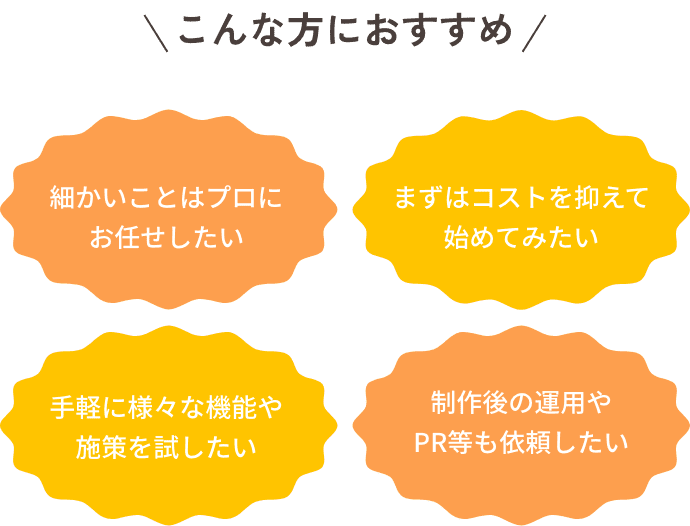 細かいことはプロにお任せしたい まずはコストを抑えて始めてみたい 手軽に様々な機能や施策を試したい 制作後の運用やPR等も依頼したい